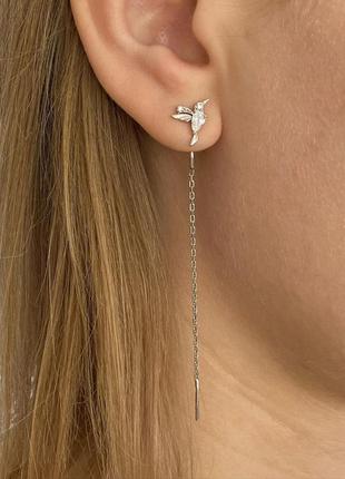 Серебряные серьги протяжки 925 пробы, покрытие роди, вставка цирконии, птички калибри