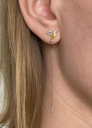 Патриотические серебряные серьги протяжки 925 пробки птички калибри желто голубые, покрытие родиной, вставка цирконии