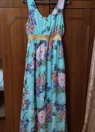 Нарядное платье в пол бирюзового цвета с цветочным принтом2 фото