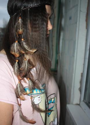 Повязка на волосы с перьями фазана хайратник в стиле хиппи, бохо1 фото