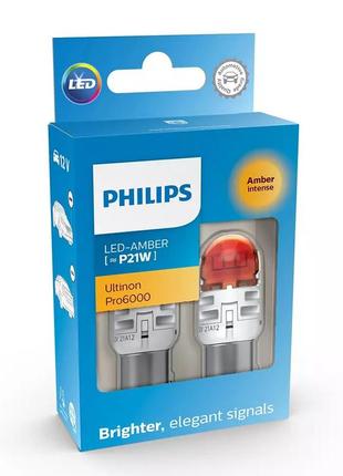 Комплект светодиодных ламп philips 11498au60x2 p21w led ultinon pro6000 si 12v bau15s amber1 фото