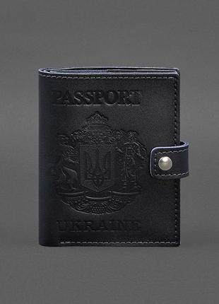 Шкіряна обкладинка-портмоне на паспорт із гербом української темно-синя 25.01 фото