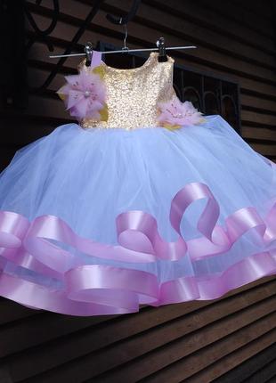 Белое платье золото новое детское на рочек день рождения фотосессия крестины фатиновое бальное пышное нарядное