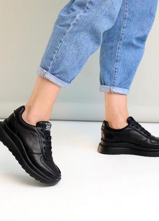 Стильные черные кроссовки женские деми, весенние-осенни, на платформе, кожаные/кожа-женская обувь5 фото