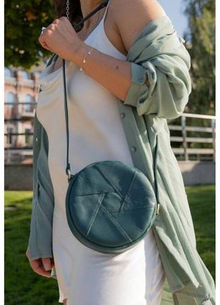 Кожаная круглая женская сумка бон-бон зеленая7 фото