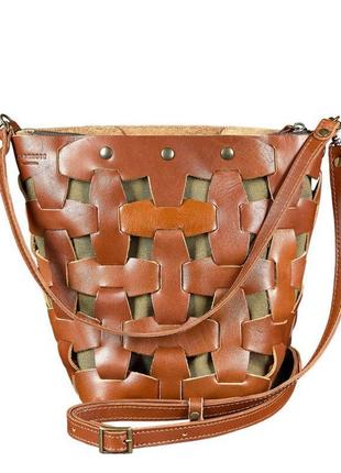 Кожаная плетеная женская сумка пазл m светло-коричневая krast10 фото