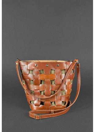 Кожаная плетеная женская сумка пазл m светло-коричневая krast2 фото