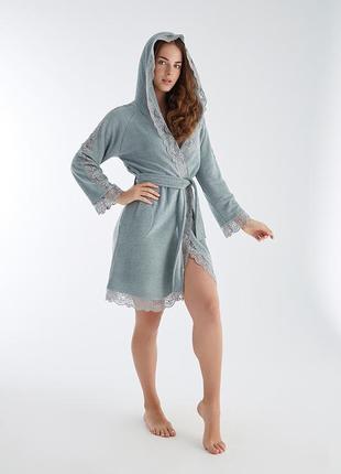 Бамбуковий жіночий халат лазневий турція довгий nusa халат жіночий з капюшоном nusa 4200 ментол4 фото