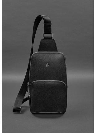 Кожаный мужской рюкзак (сумка-слинг) на одно плечо черный saffiano