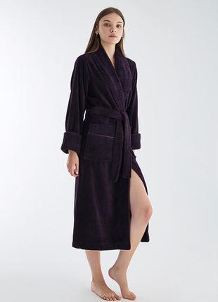 Женский теплый,длинный,домашний турецкий махровый халат, женский  халат на запах nusa 4195 фиолетовый3 фото