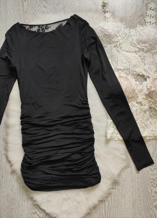 Черное мини платье короткое с открытой спиной складками шов бразилиана на попе вырезом стрейч3 фото