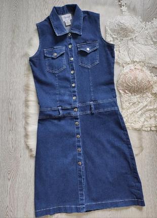 Синее короткое джинсовое платье мини сарафан без рукавов стрейч кнопками поясом карманами2 фото