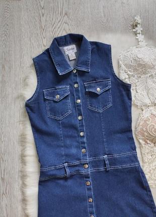 Синє коротке джинсове плаття міні сарафан без рукавів стрейч кнопками поясом кишенями3 фото