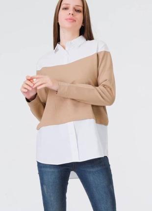 Женская белая рубашка широкая со вставкой трикотажной2 фото