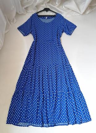 Шикарное  длинное платье в пол многоярусные воланы в горох   100% хлопок натуральная ткань штапель
