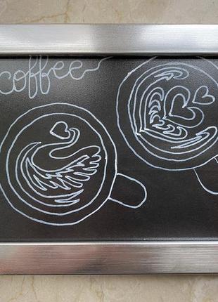 Картина рисунок графика чашки кофе латте арт чёрная в серебристой рамке @don.bacon2 фото