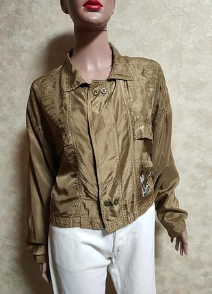 Вінтажна шовкова куртка-бомбер золотиста з принтом