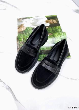 Натуральные замшевые и кожаные черные туфли - лоферы7 фото