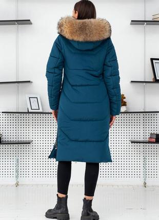 Жіноче зимове довге пальто на еко пуху з натуральним хутром єнота. безкоштовна доставка5 фото