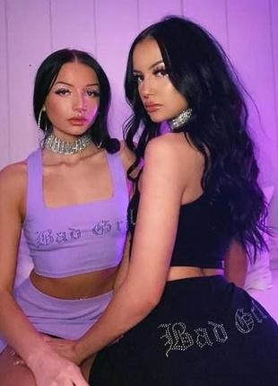 Комплект костюм черный со стразами юбка с разрезом майка топ bad grl dollskill2 фото