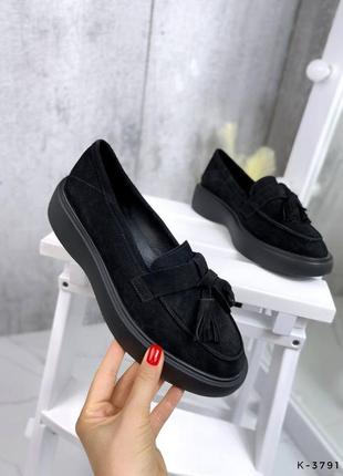 Натуральные замшевые черные туфли - лоферы с косточками3 фото