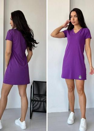Летнее платье футболка женское однотонное прямое короткое яркие цвета 42-521 фото