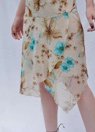 Асиметрическая юбка миди длинная винтаж винтажная цветы принт бежевая сетка сеточка7 фото
