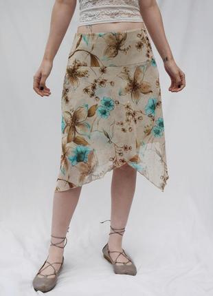 Асиметрическая юбка миди длинная винтаж винтажная цветы принт бежевая сетка сеточка4 фото