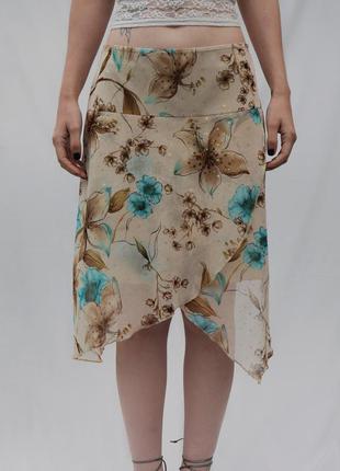 Асиметрическая юбка миди длинная винтаж винтажная цветы принт бежевая сетка сеточка9 фото