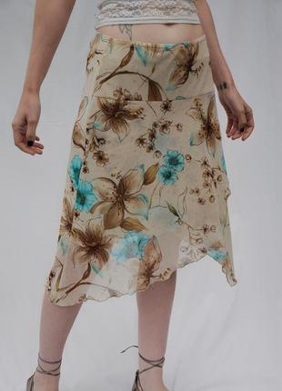 Асиметрическая юбка миди длинная винтаж винтажная цветы принт бежевая сетка сеточка6 фото