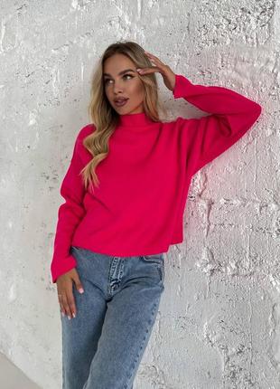 Однотонний светр з високим горлом малиновий рожевий6 фото