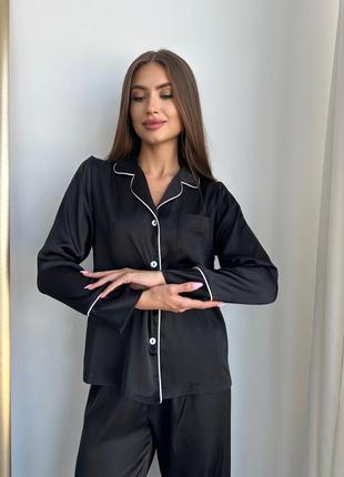 Christel 140 чорна шовкова піжама для жінок сорочка на гудзиках та штани