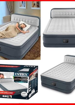 Надувная двухспальная велюровая кровать intex с встроенным електронасосом 152 х 236 х 46 см со спинкой