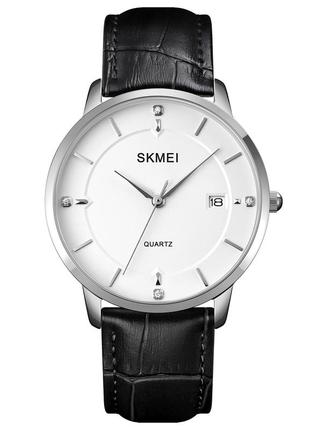 Мужские классические часы skmei 1801lsiwt silver-black white leather кварцевые