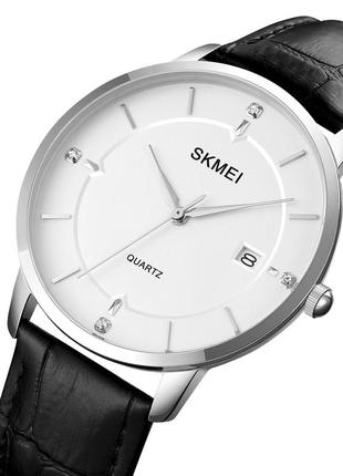 Чоловічий класичний годинник skmei 1801lsiwt silver-black white leather кварцевий2 фото