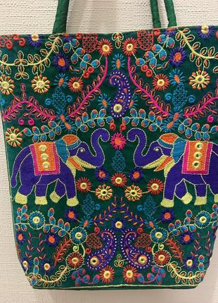 Сумка шоппер индия ручная вышивка велюр слоны2 фото