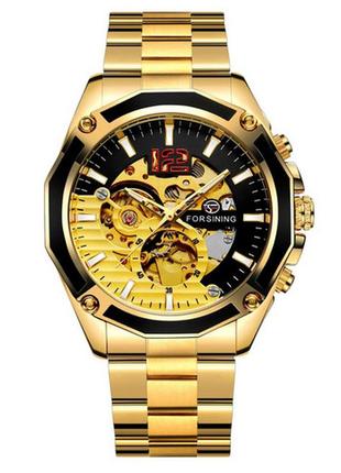 Классические механические мужские наручные часы forsining gmt 1183 gold-black1 фото