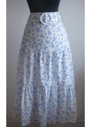 Роскошная, пышная, длинная юбка в голубый цветочек, с воланами, коттон