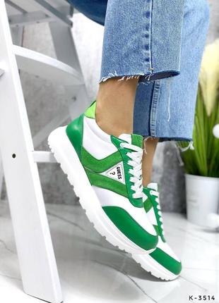 Натуральні шкіряні білі кросівки з зеленими вставками8 фото