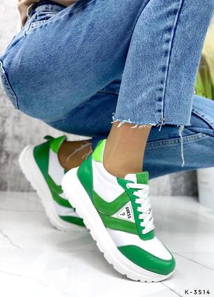 Натуральні шкіряні білі кросівки з зеленими вставками9 фото