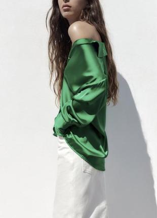 Зеленая атласная рубашка, шовковая рубашка,блуза из новой коллекции zara размер s (36)