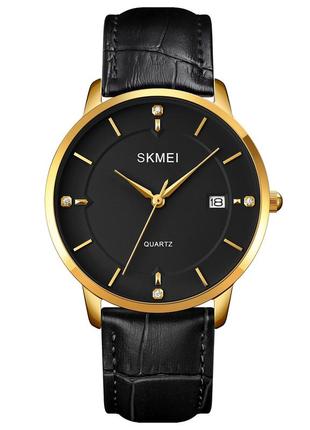 Мужские классические часы skmei 1801lgdbk gold-black leather кварцевые