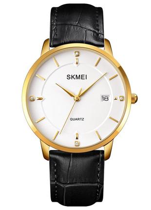 Мужские классические часы skmei 1801lgdwt gold-white leather кварцевые