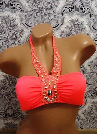 Яркий неоновый купальник бандо с камнями и стразами h&m (верх) размер s