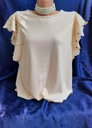 100% хлопок! 🦋 трикотажная футболка с объёмным рукавом-бабочкой из прошвы вышивка блузка4 фото
