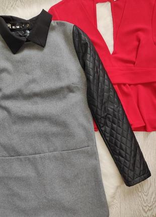 Теплое серое короткое платье черными кожаными рукавами черным воротником фетр плотное