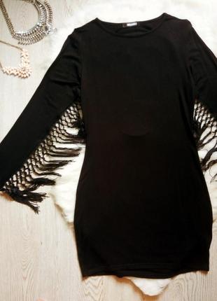 Черное мини платье стрейч натуральное с бахромой кисточками открытая спина нарядное3 фото