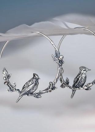 Срібні сережки "сойка" 925 проба птиці квіти1 фото