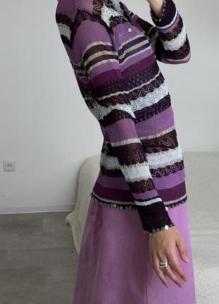 Фиолетовый нежный вязаный винтажный кардиган с пайетками и полосками8 фото