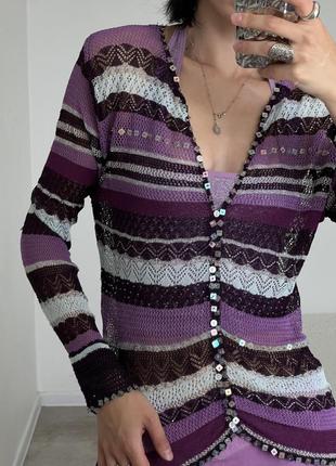 Фиолетовый нежный вязаный винтажный кардиган с пайетками и полосками3 фото